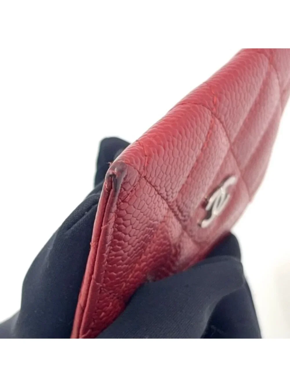Chanel Classic Caviar Leather Red Card Case Silver